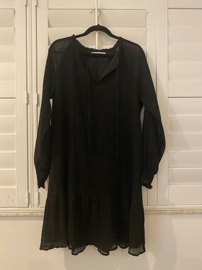 LOFT Black Long-Sleeve Pleated Tiered Dress